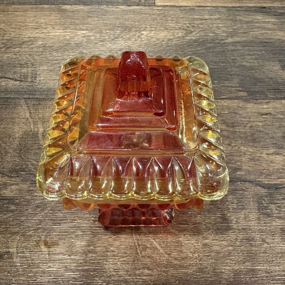 Vintage Amberina Glass Covered Pedestal Square Wedding Box Candy / Trinket Dish - Picture 3 of 8